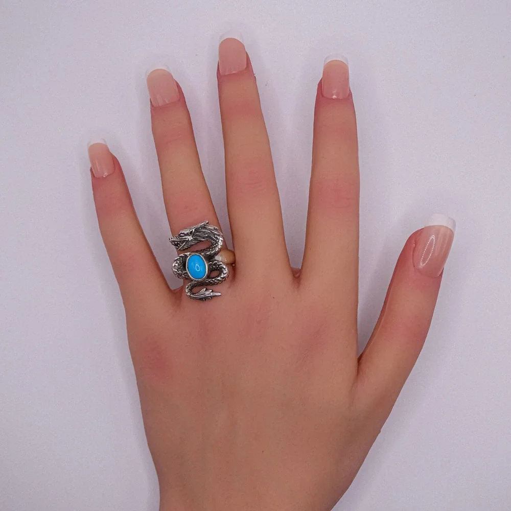 Chuck Clemency Sterling Silver 925 Dragon Ring Figural Turquoise Gemstone Sz 8